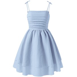 Ohrwurm Girls Square Neck Sleeveless Dress Casual Flowy Smocked Cute Summer Dress Tie Shoulder Spaghetti Strap Tiered Sundress Blue 11Y