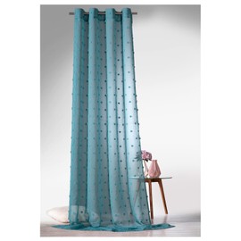 heimtexland ® Boho Curtain Linen Look Transparent Decorative Pompoms Eyelet Curtain Type 764 (Dark Teal, H x W 245 x 135 cm)