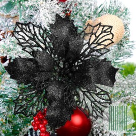 Yueshop 10 PCS Christmas Flowers Large (15CM) Poinsettia Glitter Flower Christmas Tree Hanging Party Xmas Decor(Black)
