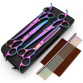 VIsuIvit Professional Dog Grooming Scissors Set 18cm/7 inch, 8 Piece Dog Grooming Shears - Dog Hair Trimming- 6CR Steel Pet Grooming Scissors Kit (Rainbow)