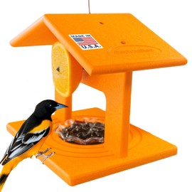 DutchCrafters Plastic Poly Hanging Orange Oriole Bird Feeder with Grape Jelly Cup and Fruit Slice Holders, Baltimore Oriole Feeder for Outdoor Outside (Orange, Single Cup)