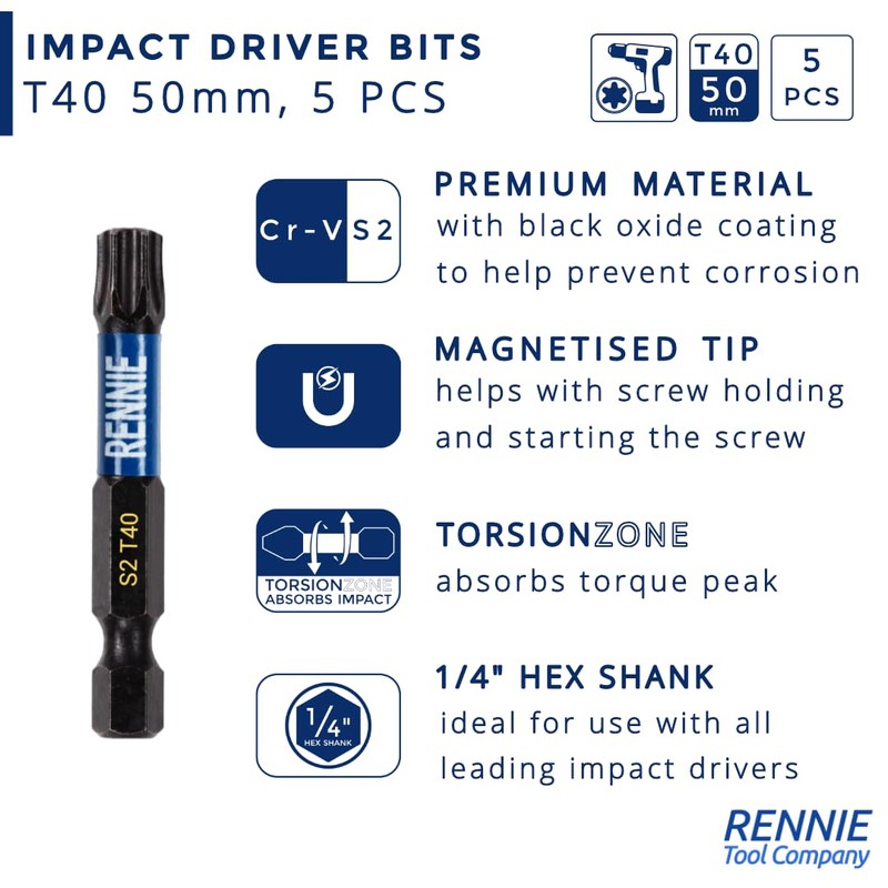 5 x Rennie Tools 50mm Long T40 TX40 Impact Screwdriver