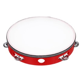 sourcing map 1 Pcs Tambourine Drum 10 Inch Wood Hand Held Tambourine Single Row Metal Jingle Percussion Musical Drum Instrument for Adults Church Wedding Party Games, Red
