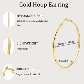 JEEJPV Sterling Gold Hoop Earrings for Women Lightweight Gold Hoop Earrings Hypoallergenic Thin Gold Earrings for Women Big Large Gold Hoop Earrings for Women 40/50/60/70mm