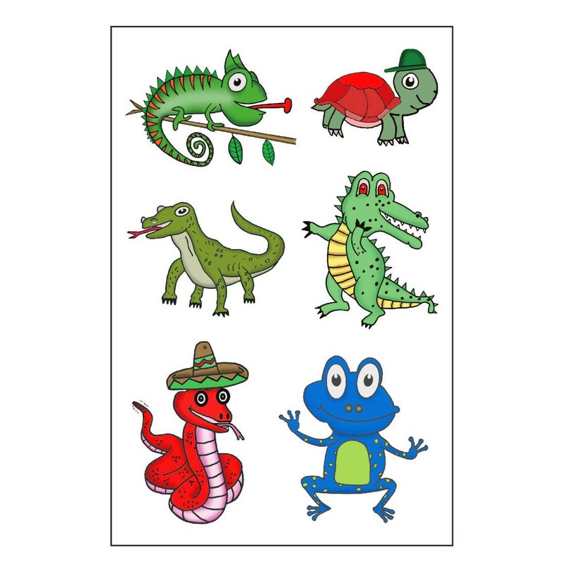 Premium Reptile Temporary Tattoos, Party Favors: Crocodile, Turtle, Frog, Chameleon,