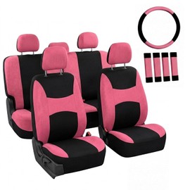 FH GROUP FB030PINK-COMBO Seat Cover Combo Set with Steering Wheel Cover and Seat Belt Pad (Airbag Compatible and Split Bench Pink)