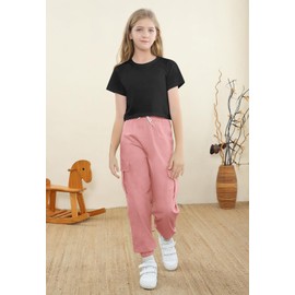 SANGTREE Women Clothes 2 Piece Set, Black Short Sleeve Crop Tops and Pink Cargo Jogger Pants Clothes, Small