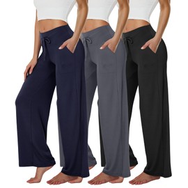 TNNZEET 3 Pack Women's Wide Leg Pants with Pockets - Casual Loose Yoga Trouser Pants Sweatpants Palazzo Lounge Pajama Pants
