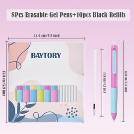 BAYTORY 18Pcs Retractable Erasable Gel Pens, 0.5 mm Fine Point, 4Pcs Blue & 4Pcs Black Ink Pens & 10Pcs Black Refills, Quick Dry Cute Eraser Pen, Smooth Writing (Multicolor)