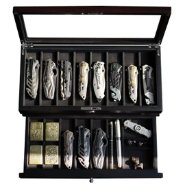 Pocket Knife Display Case for men collection holder 15-17 folding knife with Walnut Finish Two-Tier Knife organizer storage box with Real Glass Window Top (ebony veneer with draw)