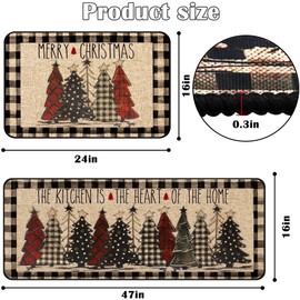Christmas Kitchen Rugs Set of 2, Christmas Rugs for Kitchen, Buffalo Plaid Xmas Tree Merry Christmas Kitchen Mats, Winter Home Decor Low-Profile Kitchen Rugs, 16x24 and 16x47 Inch