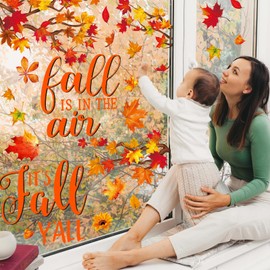 Whaline 6 Sheet Fall Window Clings It's Fall Y'all Watercolor Maple Tree Branch Reusable Window Decals for Autumn Thanksgiving School Office Supplies Glass Home Decor