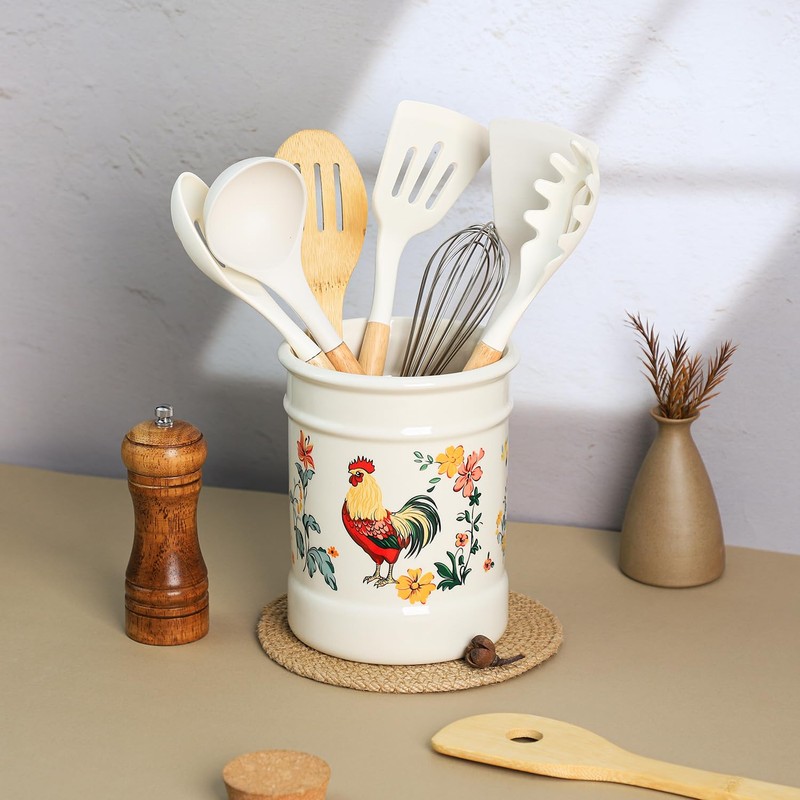 Bicuzat Ceramic Rural Rooster Pattern Kitchen Utensil Holder, Large Cooking