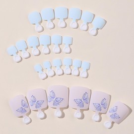 Butterfly Press on Toenails Short Square Fake Toe Nails Summer False Toenails with Design Full Cover Glue on Toenails Baby Blue Acrylic Toe Nails Reusable Stick on Toenails for Women Girls 24Pcs