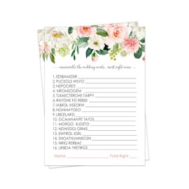 Graceful Floral Bridal Shower Word Scramble Game – 25 Pack, Couples Wedding Engagement Party Games, Rustic Reception Decor and Pink Ideas, Fun Rehearsal Unscramble Guest Activities