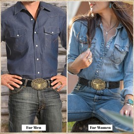 JASGOOD Mens Western Cowboy Belt Buckles for Men,1.5" Wide Genuine Leather Belt Cowgirl Mens Leather Belt for Jeans Black