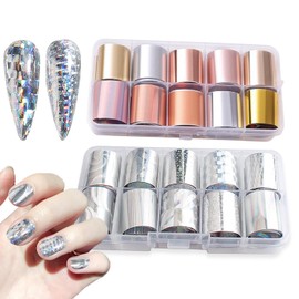 SILPECWEE 20 Rolls Metallic Nail Foil Gold Nail Stickers Laser Silver Nail Decals Nail Transfer Foil Holographic Nail Art Foil Foil for Nails Manicure Design for Acrylic Nails Decoration