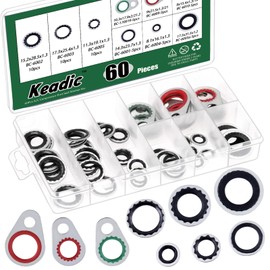 Keadic 60 PCS 9 Sizes A/C System Compressor Gasket Seals Air Conditioning Compressor Port Seal Washer Kit, AC Port Seal Washer Kit,O-Rings Repairs Automotive Self-Centered Bonded Sealing Washers