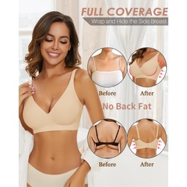 WOWENY Deep V Bras for Women No Underwire Smooth Wireless Bralettes Comfort Seamless Plunge Bra with Support (Dark Nude,M)