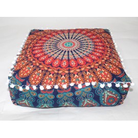 Mandala Barmeri Large Floor Pillow Cover Cushion Meditation Seating Ottoman Throw Cover Hippie Decorative Zipped Bohemian Pouf Ottoman Cases Multi Orange, 24" Square