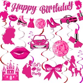 Hot Pink Birthday Party Decorations, Pink Princess Birthday Hanging Decorations, Princess Happy Birthday Banner Pink Party Decorations for Girls Doll Theme Party Cowgirl Birthday Decor