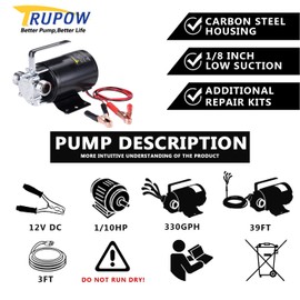 Trupow DC 12-Volt 1/10HP 330GPH Battery Powered Mini Portable Electric Utility Sump Transfer Water Pump with Water Hose Kit Black…