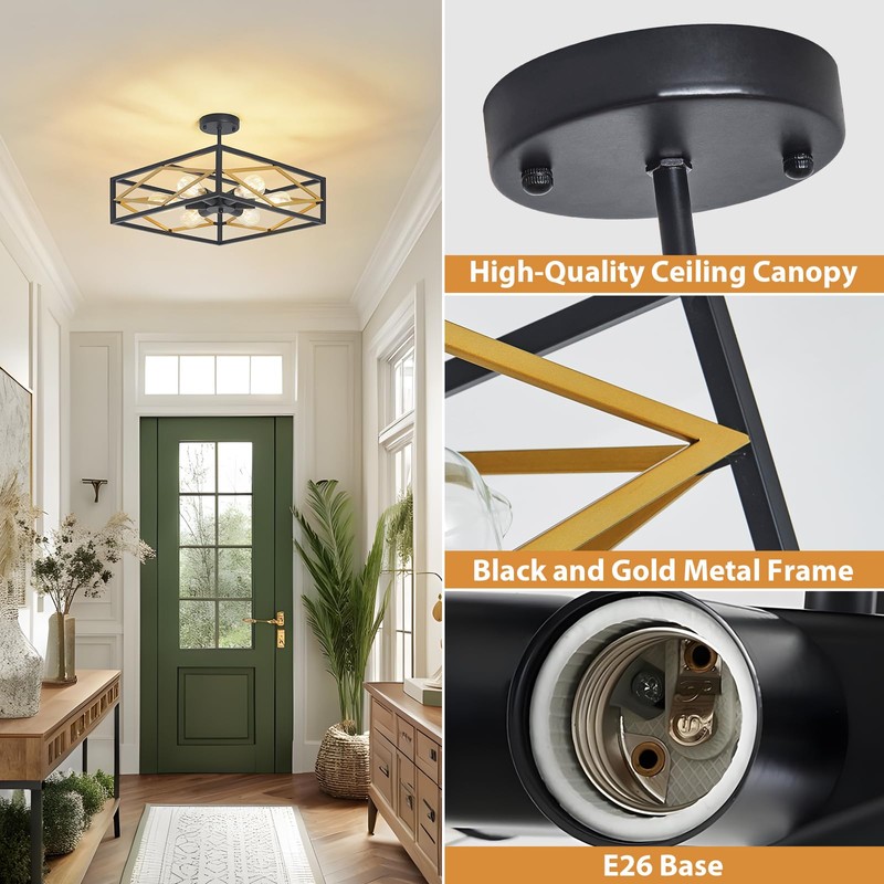 AIBISOD Semi Flush Mount Ceiling Chandelier Light Black and Gold