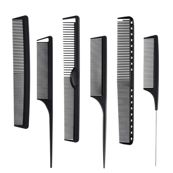Comb Set Heat Resistant Hair Combs Fine Tooth Comb Rat Tail Comb Wide Tooth Comb Barber Comb Styling Comb (6 Pieces, Black)