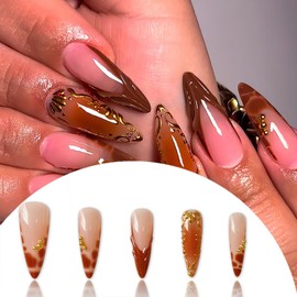 Extra Long Stiletto Press on Nails Brown French Tip Fake Nails with Design Gold 3D Drip Beads Glue on False Nails Vintage Acrylic Nails Artificial Stick for Women 24 Pcs Manicure