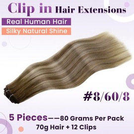 LaaVoo Clip in Hair Extensions Real Human Hair Balayage Light Brown With White Blonde to Light Brown Hair Extensions Clip in Seamless Remy Real Hair Extensions Clip in 18 Inch 5pcs 80g #8/60/8