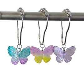 Butterfly Shower Curtain Hooks Rings,12Pcs Colorful Resin Pendants Accessories, Rustproof Rings Insect Garden Nature Theme Home Bathroom Decoration (Purple Pink Blue Pink Yellow)