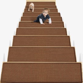 15PCS Stair Treads Non Slip, Linen Non-Slip Stair Treads for Wooden Steps Indoor,Stairs Carpet Landing Mat, 30" x 8" Stairs Resistant Indoor Skid Runner Safety Rugs for Kids Elders, Brown
