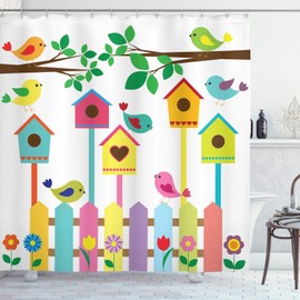 Lunarable Birds Shower Curtain, Colorful Avian Animals Birdhouses and Fence Design Childrens Cartoon Style Sketch, Cloth Fabric Bathroom Decor Set with Hooks, 84" Long Extra, Brown Green