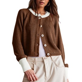 Women's Cropped Cardigan Sweaters Fall Long Sleeve Open Front Cardigans Button Down Color Block Crewneck Knit Outwear Coats Brown