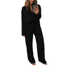 PRETTYGARDEN Women's 2 Piece Sets 2025 Fall Casual Textured Button Down Shirt Wide Leg Pants Outfits Loungewear Tracksuit (Black,X-Large)