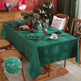 Christmas Tablecloth Elegant Jingle Bells Holly Berry Jacquard Spill Proof Wrinkle Free Damask Table Cloth, Fabric Card Table Cover for Xmas, Holiday, Winter, Party, Square 52 x 52 Inch, Green
