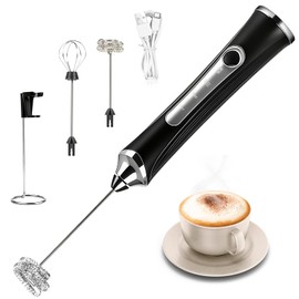 Milk Frother Handheld Rechargeable with Stand Frother Wand Foam Maker 3 Speed Adjustable Hand Mixer with Detachable Stainless 2 Whisks Electric Coffee Frother Stirrer For Latte, Cappuccino, Egg