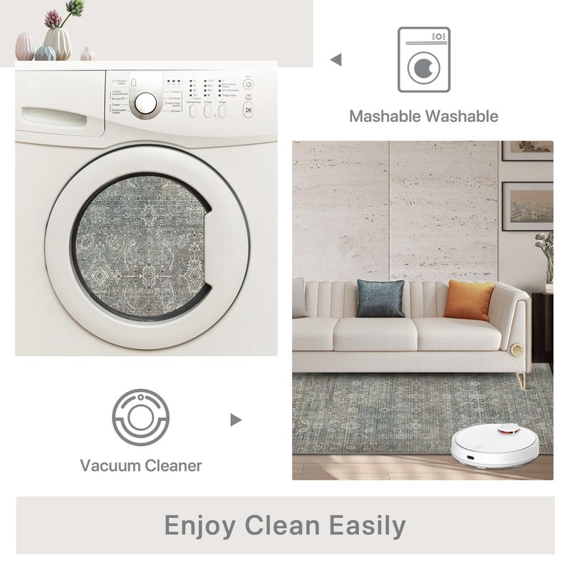 Bavni Area Rug 9x12 Machine Washable Vintage Distressed Print Ultra-Thin