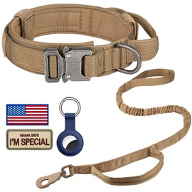 DAGANXI Tactical Dog Collar Leash Set, Adjustable Military Training Nylon Dog Collar with Controll Handle and Heavy Metal Buckle for Medium and Large Dogs，with Patches and Airtags Case (L, Brown-Set)