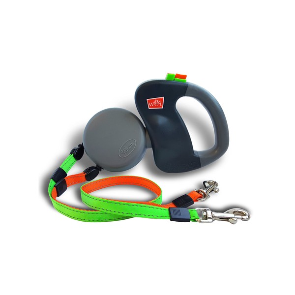 WIGZI (2 Two Dog Reflective Retractable Pet Leash – 360 Degree Zero Tangle Patent - Two Dogs Each up to 50 lbs and 10ft. Reflective Orange and Green Leads. Dual Locking, Small, Gray
