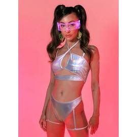 Rave Outfits for Women - EDC Festival Metallic Holographic Bodysuit Halter Underboob Crop Top Leg Garter Bottom Set(Silver,L,1315a)