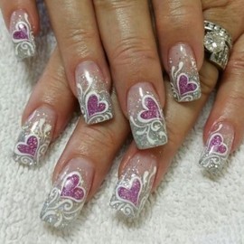 Purple Heart Valentine's Press on Nails Medium European Lines Design Gradient Stick on Nails Valentine's Nails Press Ons Glitter Powder Glue on Nails Charm Holiday Nails for Women Acrylic Nails