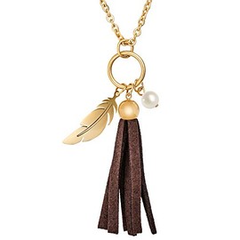 Tamaris Bella TJ007 Women's Necklace with Pendant Shell Pearl / Feather / Leather Tassel Stainless Steel