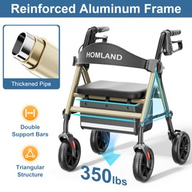 HOMLAND Rollator Walkers for Seniors with Seat, 8" All Terrain Wheels, Durable Aluminum Frame, Lightweight Foldable Walker with Ergonomic Seat, Height Adjustable Rolling Walker