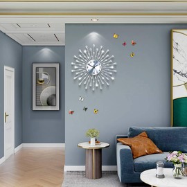 FLEBLE Large Wall Clocks for Living Room Decor Modern Silent Wall Clock Battery Operated Non-Ticking for Bedroom Kitchen Office Home Decoration 20 Inch Silver Drop Crystal Wall Watch for Indoor