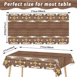 3 PCS God Bless Baptism Party Tablecloths Decoration First Holy Communion Tablecloth Mi Bautizo Christening Plastic Table Cover Newborn Baby Shower Theme Party Supplies Rustic Wood Floral Party Favors