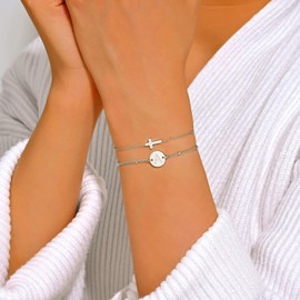 JUTOLOKA 18K Gold Plated Cross Link Bracelets for Women | Dainty Disc Initial A-Z Cross Bracelets | Layered Beaded Letter Bracelet | Religious, Christian Baptism Gift for Her (Silver A)