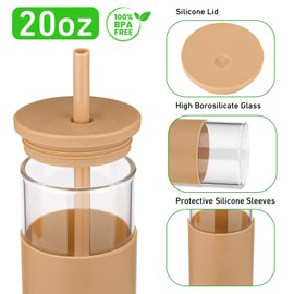 Tronco 20 oz Glass Tumbler With Lids and Straws, Reusable Smoothie Cups With Silicone Lid, Iced Coffee Cup With Silicone Protective Sleeve, Dishwasher Safe- BPA Free（Light Purple 1 Count）