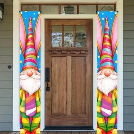 BlissYard 2 Pieces Happy Easter Porch Sign Gnome Banner Hanging Spring Door Banner Easter Hanging Wall Banners Swedish Gnome Bunny Party Outdoor Welcome Porch Wall Decor Front Door Party Decorations