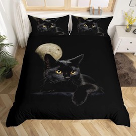 Luofanfei Cat Bed Linen 135 x 200 cm, Cat Animal Motifs Children's Bedding Set, Black Cat Pattern Duvet Cover, 3D Pet Cat Motif Bedding Sets and Pillowcase 135 x 200 cm